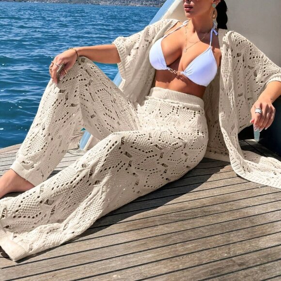 Beige Women's Crochet Knit Cover Up Jacket And Pants Cover-Up Set - Picture 6 of 7